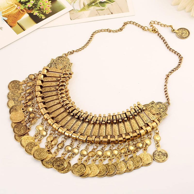 CCBFY Long Tassel Chunky Boho Coin Statement Necklace For Women Silver - Image 3